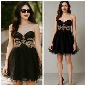 SHERRI HILL Black Gold Embroidered Tulle Strapless Mini Cocktail Dress Size 2